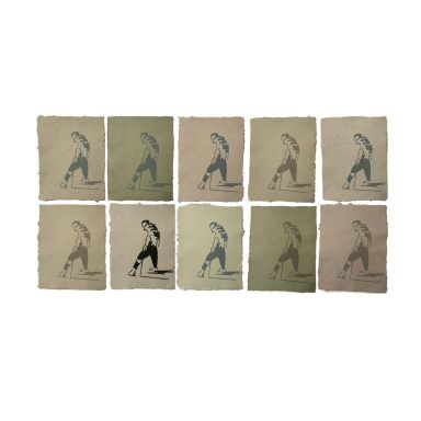 Nine vintage illustrations of a person swinging a golf club in various poses.