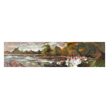 Panoramic landscape featuring a river with rocky banks and autumn foliage.