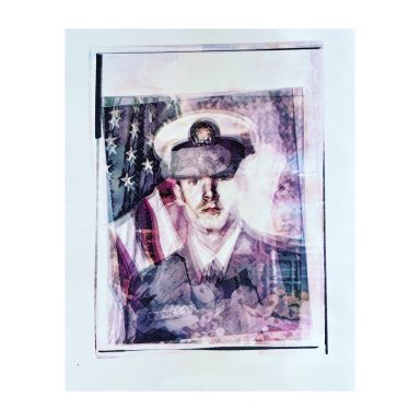 Portrait of a military officer in front of an American flag, with abstract colors.