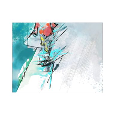 Abstract artwork featuring vibrant colors and dynamic brushstrokes near a dock.