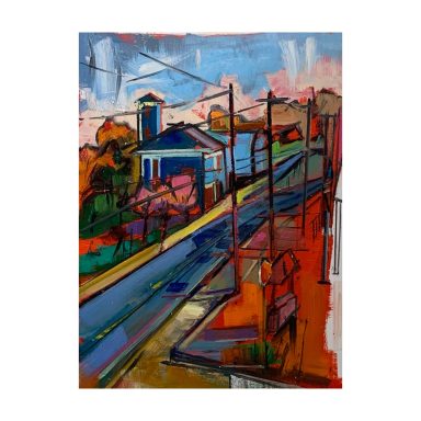 Colorful abstract landscape with a road, buildings, and power lines.