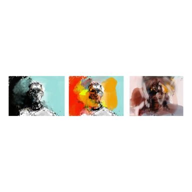 Three abstract portraits with bold colors and varied brushstroke textures.