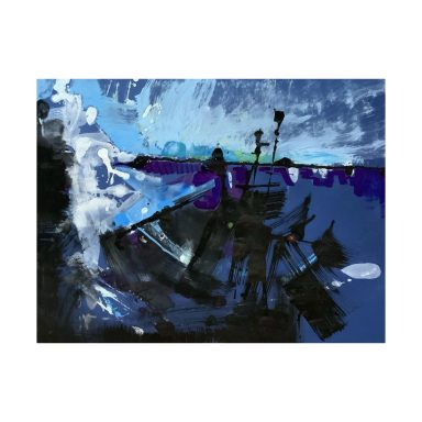 Abstract painting of a boat in dark waters under a stormy sky with vibrant colors.