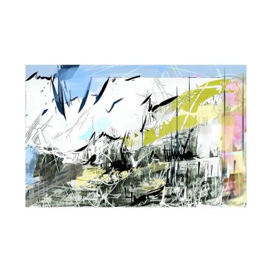 Abstract artwork featuring bold brush strokes in blue, yellow, black, and white.