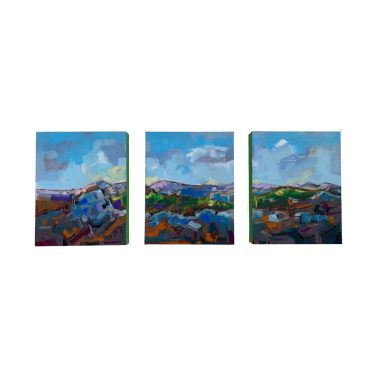 Colorful abstract landscape with mountains and sky, presented in three panels.